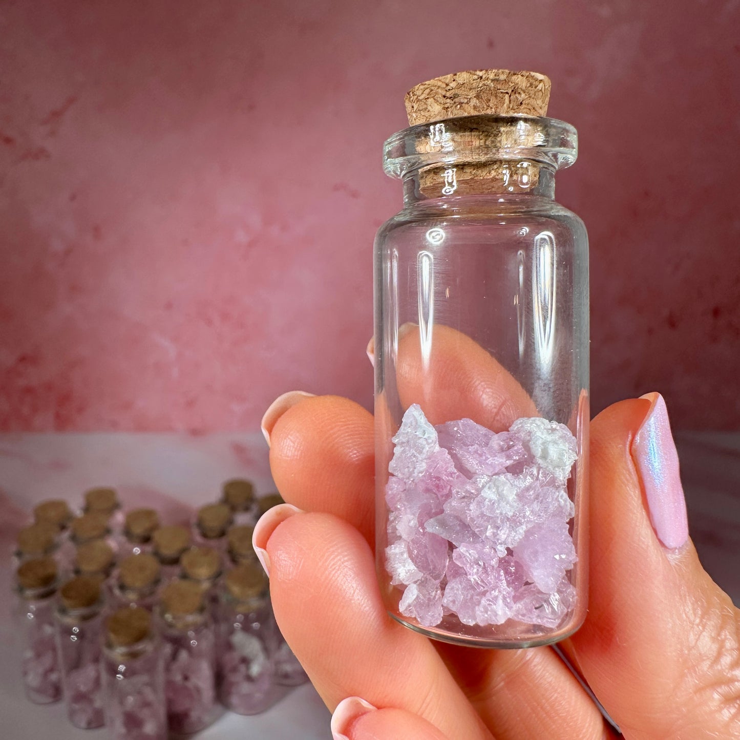 Crystallized Pink Rose Quartz, 5g in Glass Bottle | Afghanistan