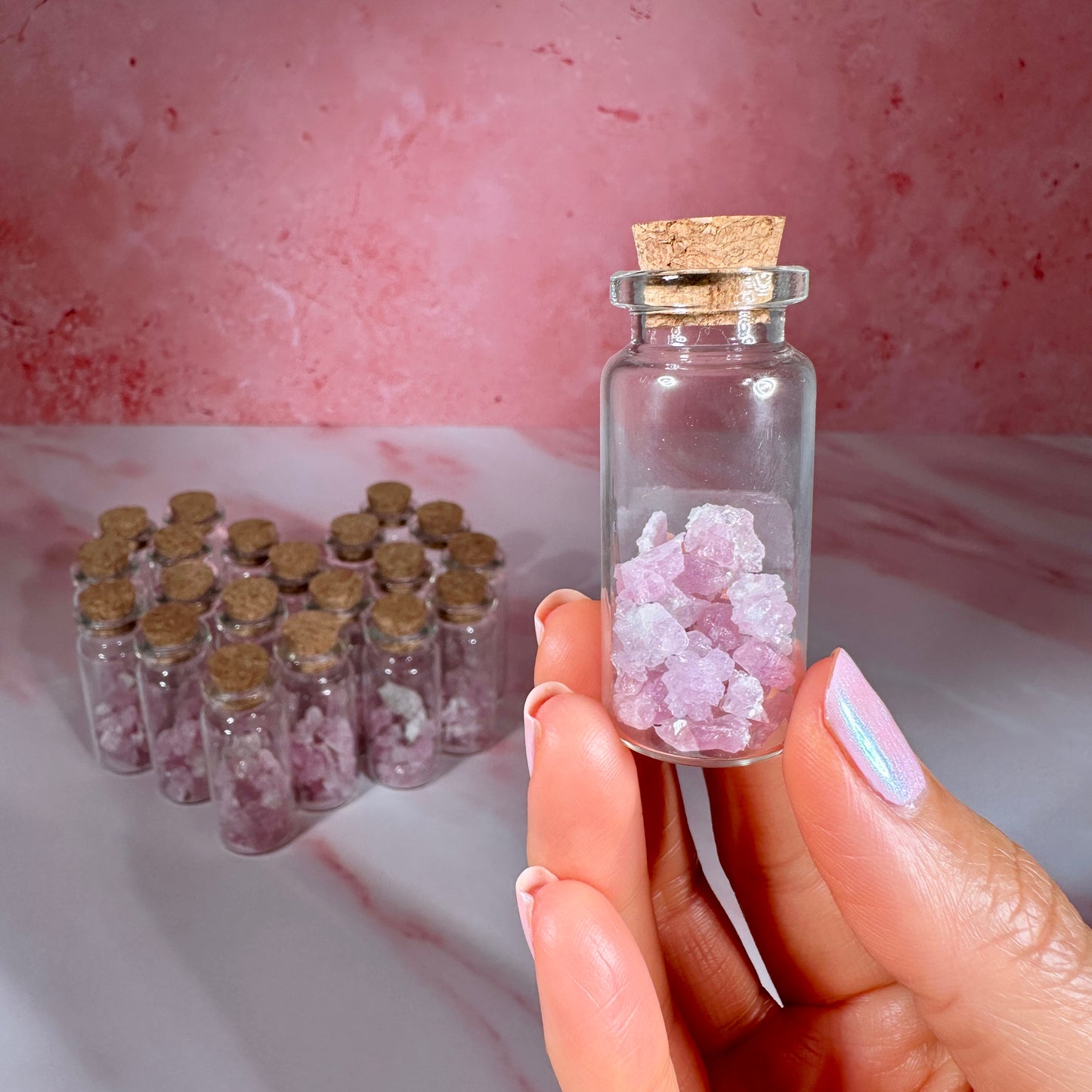 Crystallized Pink Rose Quartz, 5g in Glass Bottle | Afghanistan